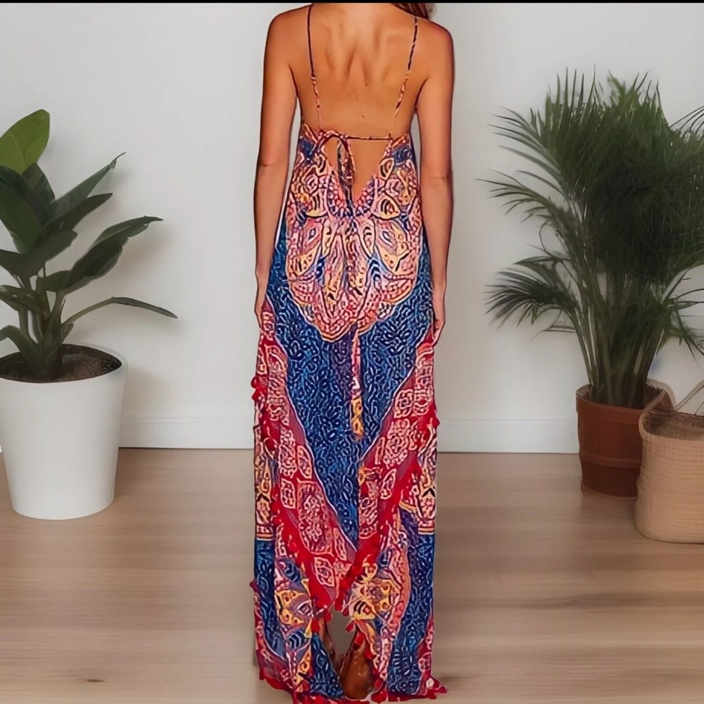 LOVESTITCH Dress Womens Red Batik Print Maxi Halter Open Back Boho NWT - Picture 3 of 16